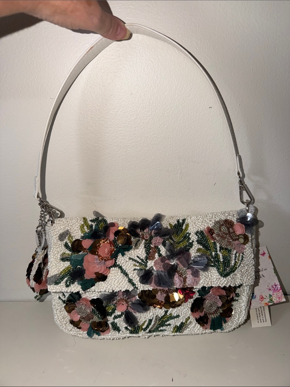 NWT Hand Beaded Floral Shoulder Bag White Sequin Embellished Handmade India Even